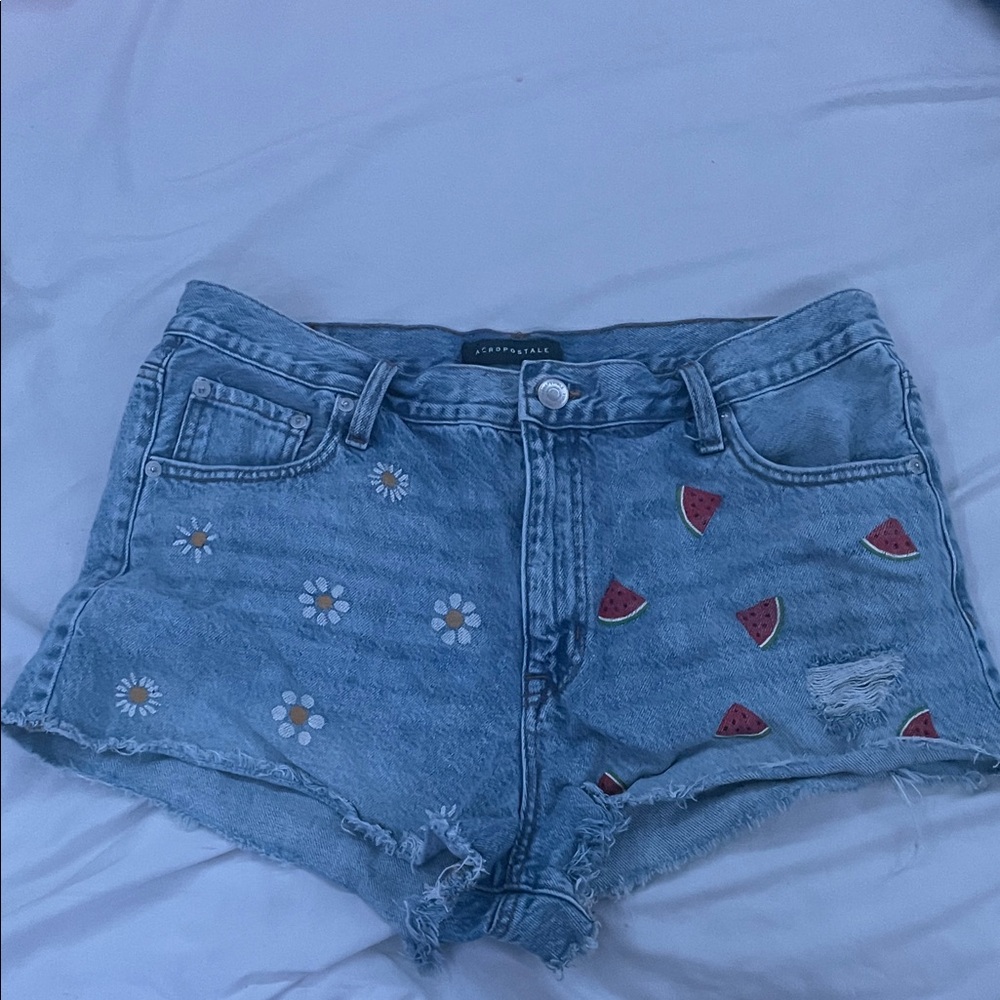 Aeropostale Blue Jean Shorts with Floral and Watermelon Accents